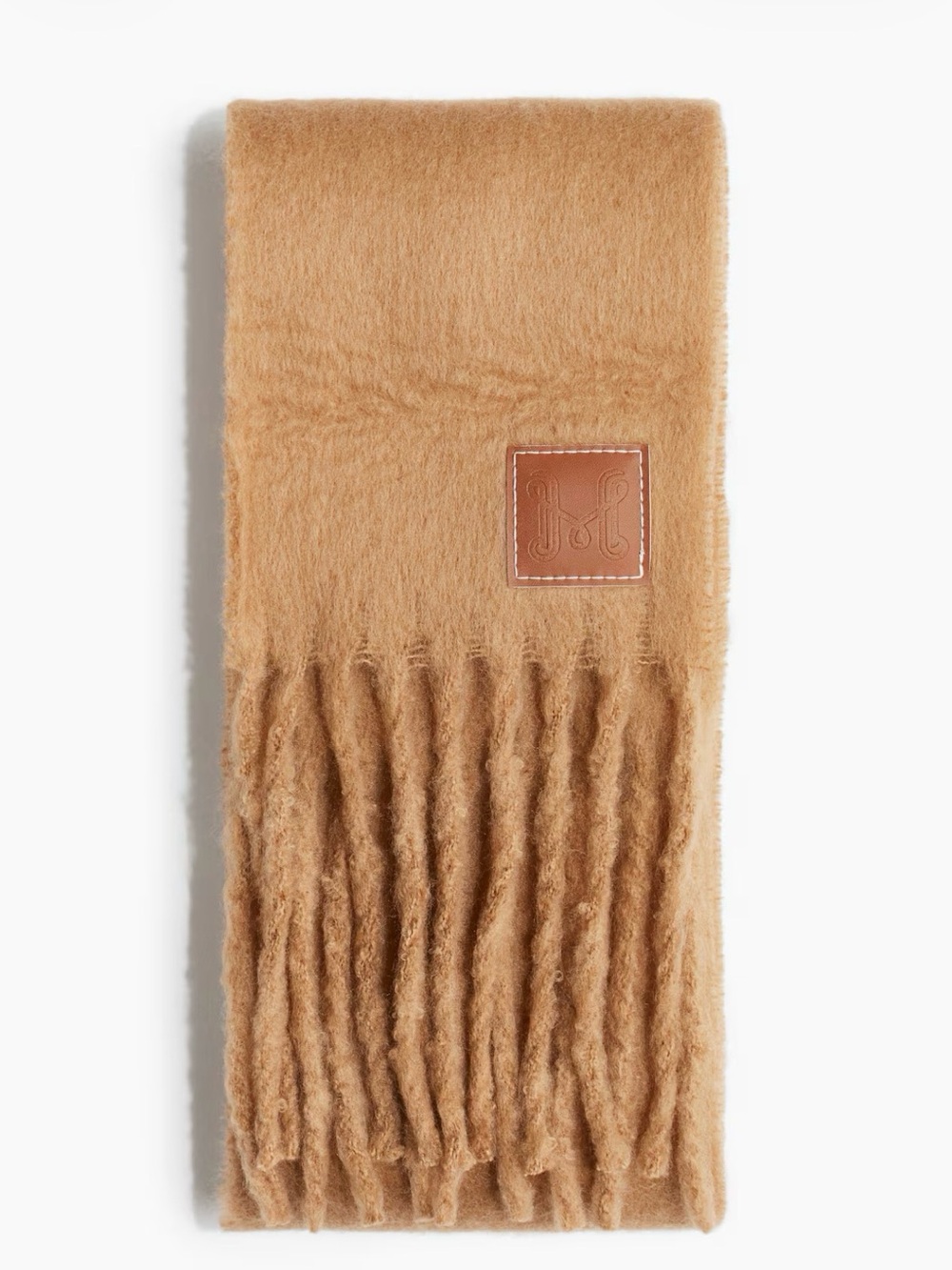 H&M Camel Fringe Scarf with Leather Logo Patch